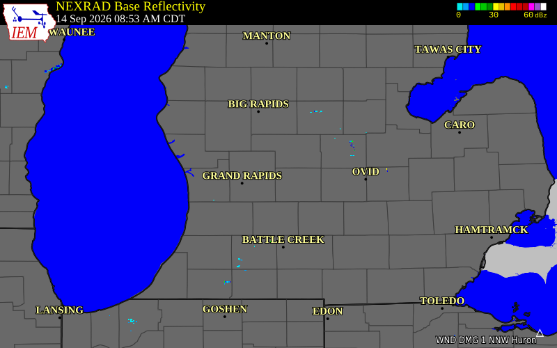 Current NEXRAD radar over Kent County, Michigan with recent storm report locations