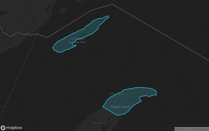 Map of Keweenaw County, Michigan showing the county boundary and surrounding cities