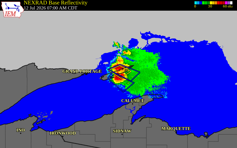 Radar snapshot during the Jul 12, 2026 hail event near Malone Bay, Keweenaw County, Michigan, with NWS warning polygons