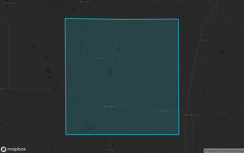 Map of Lake County, Michigan showing the county boundary and surrounding cities