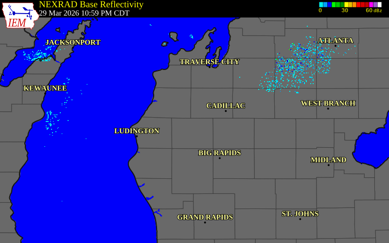 NEXRAD radar during the Sunday, March 29, 2026 storm activity in Lake County, Michigan