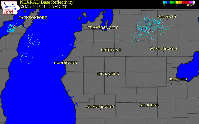 NEXRAD radar during the Monday, March 30, 2026 storm activity in Lake County, Michigan