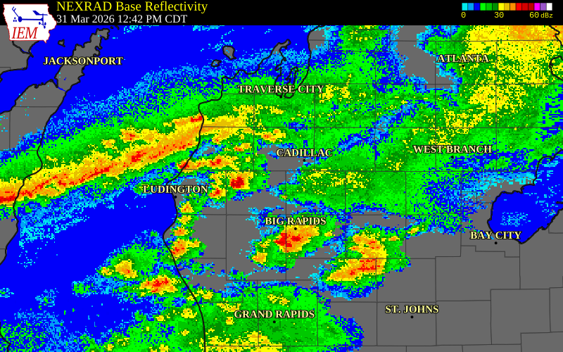 NEXRAD radar during the Tuesday, March 31, 2026 storm activity in Lake County, Michigan