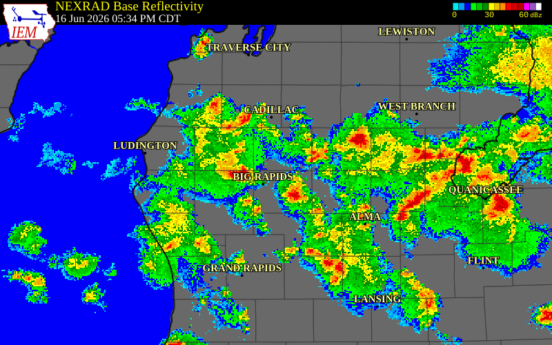 NEXRAD radar during the Tuesday, June 16, 2026 storm activity in Lake County, Michigan