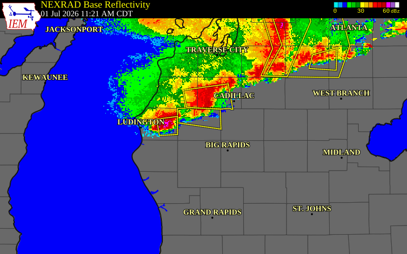 NEXRAD radar during the Wednesday, July 1, 2026 storm activity in Lake County, Michigan