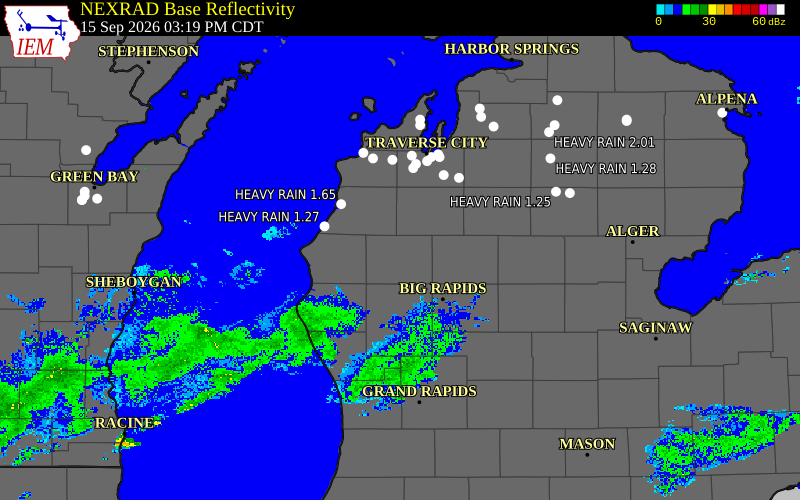 Current NEXRAD radar over Lake County, Michigan with recent storm report locations
