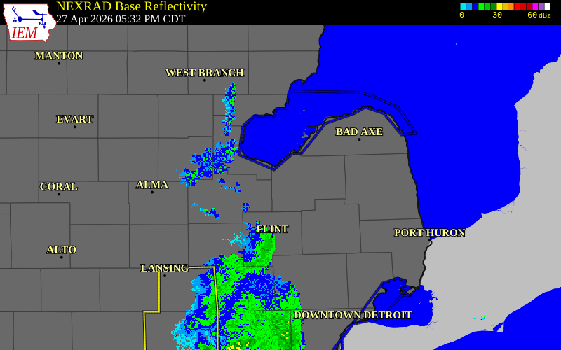 NEXRAD radar during the Monday, April 27, 2026 storm activity in Lapeer County, Michigan