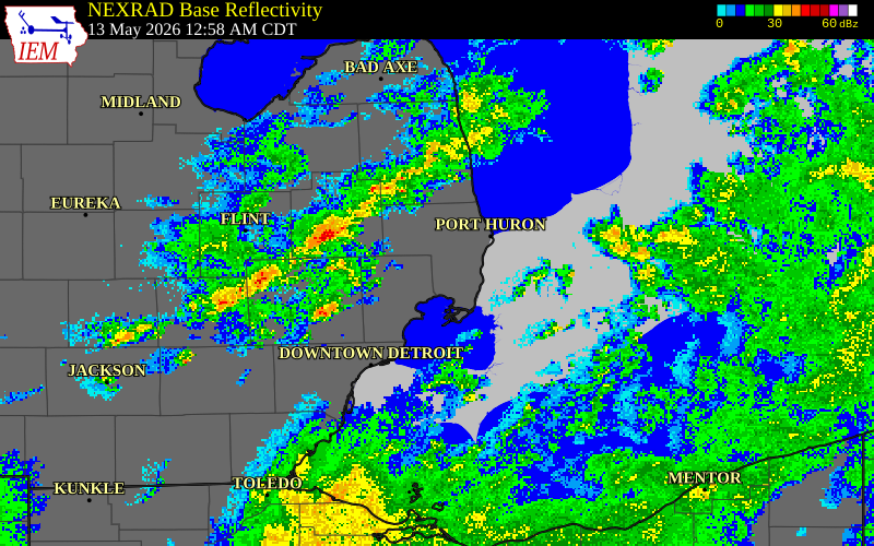 NEXRAD radar during the Wednesday, May 13, 2026 storm activity in Lapeer County, Michigan