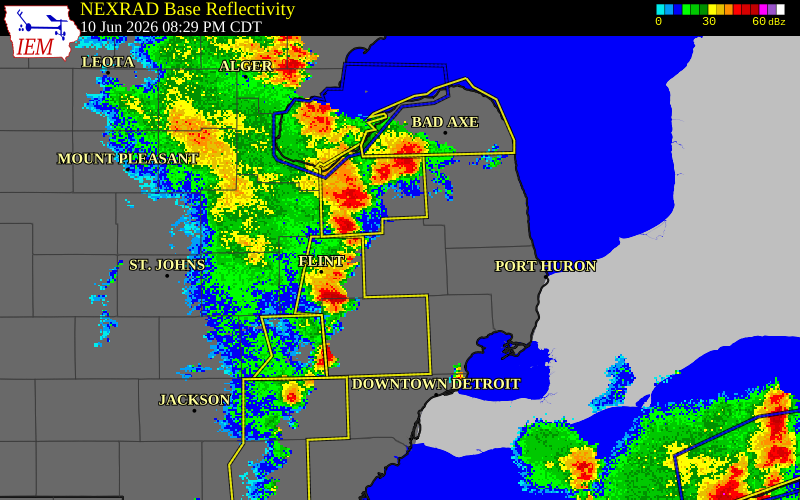 NEXRAD radar during the Wednesday, June 10, 2026 storm activity in Lapeer County, Michigan