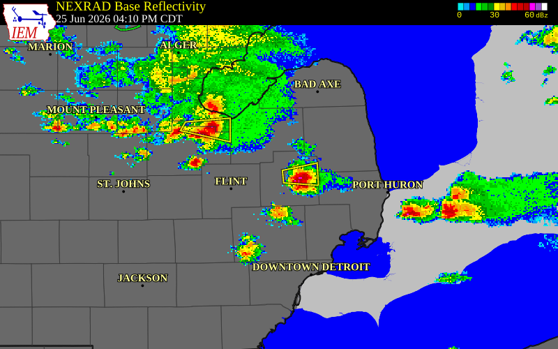 NEXRAD radar during the Thursday, June 25, 2026 storm activity in Lapeer County, Michigan