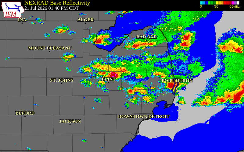 NEXRAD radar during the Tuesday, July 21, 2026 storm activity in Lapeer County, Michigan