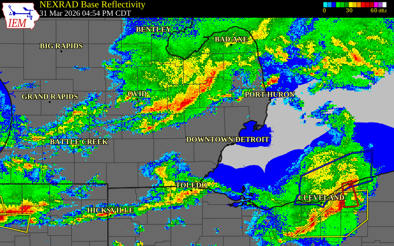 Radar snapshot during the Mar 31, 2026 wind event near Lapeer County, Lapeer County, Michigan, with NWS warning polygons