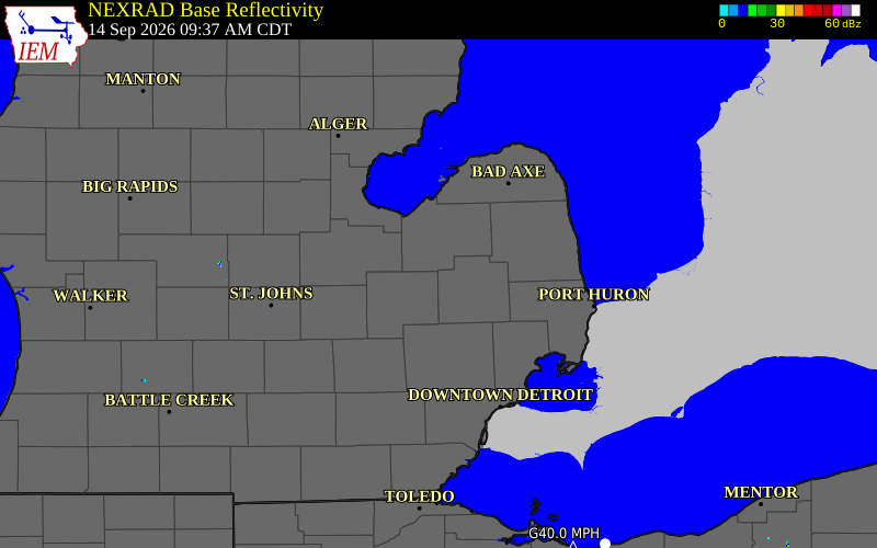 Current NEXRAD radar over Lapeer County, Michigan with recent storm report locations