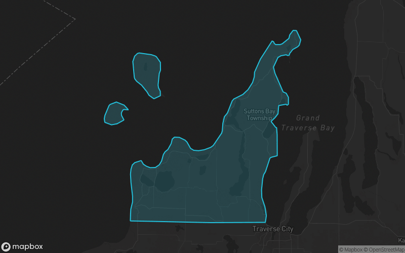 Map of Leelanau County, Michigan showing the county boundary and surrounding cities