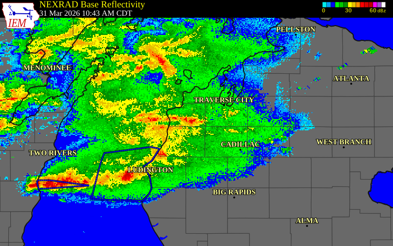 NEXRAD radar during the Tuesday, March 31, 2026 storm activity in Leelanau County, Michigan