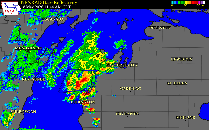 NEXRAD radar during the Monday, May 18, 2026 storm activity in Leelanau County, Michigan