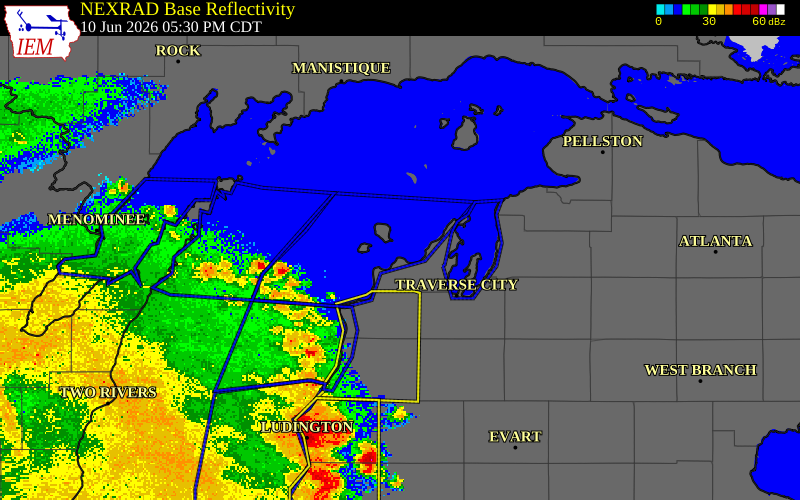 NEXRAD radar during the Wednesday, June 10, 2026 storm activity in Leelanau County, Michigan