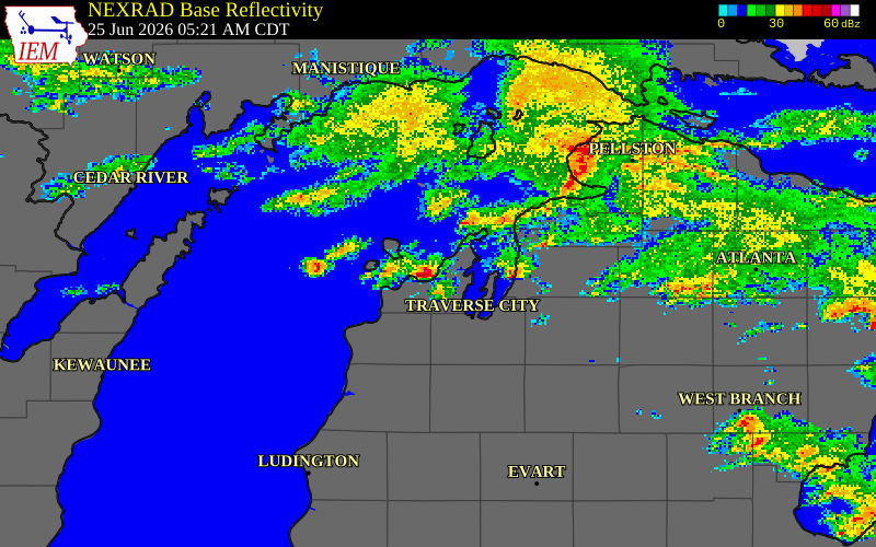 NEXRAD radar during the Thursday, June 25, 2026 storm activity in Leelanau County, Michigan