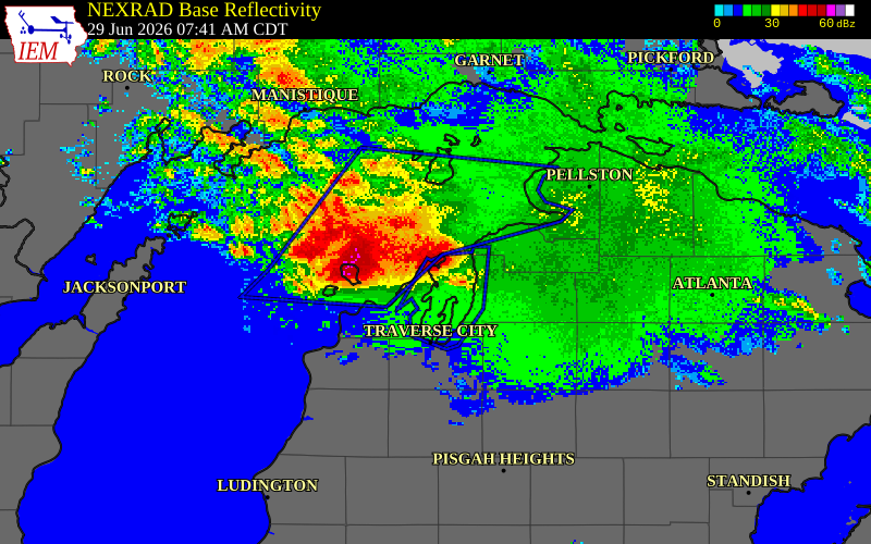 NEXRAD radar during the Monday, June 29, 2026 storm activity in Leelanau County, Michigan