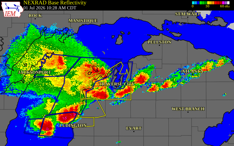 NEXRAD radar during the Wednesday, July 1, 2026 storm activity in Leelanau County, Michigan