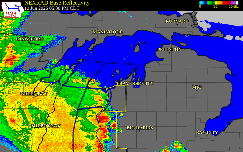 Radar snapshot during the Jun 10, 2026 wind event near Leelanau County, Leelanau County, Michigan, with NWS warning polygons