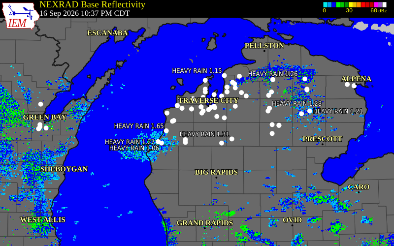 Current NEXRAD radar over Leelanau County, Michigan with recent storm report locations