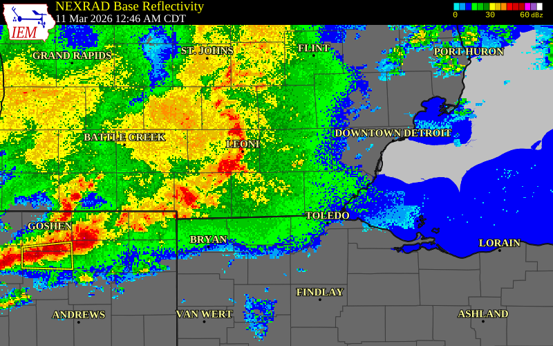 NEXRAD radar during the Wednesday, March 11, 2026 storm activity in Lenawee County, Michigan