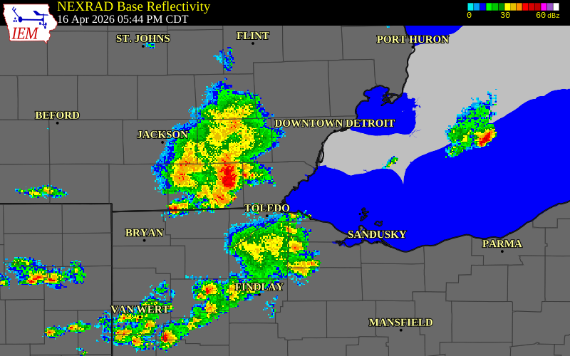 NEXRAD radar during the Thursday, April 16, 2026 storm activity in Lenawee County, Michigan