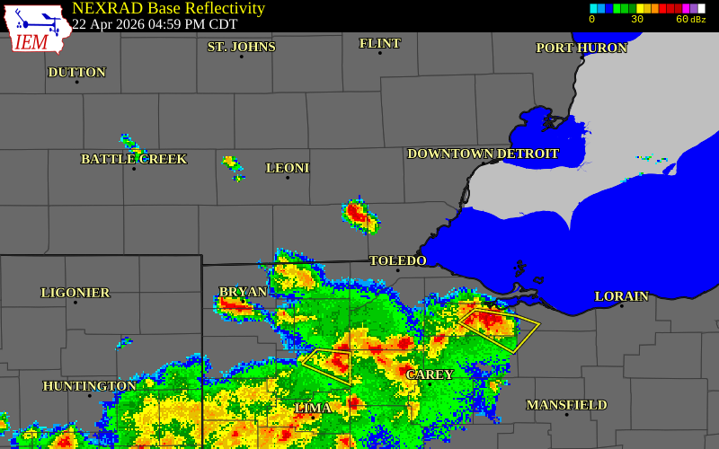 NEXRAD radar during the Wednesday, April 22, 2026 storm activity in Lenawee County, Michigan