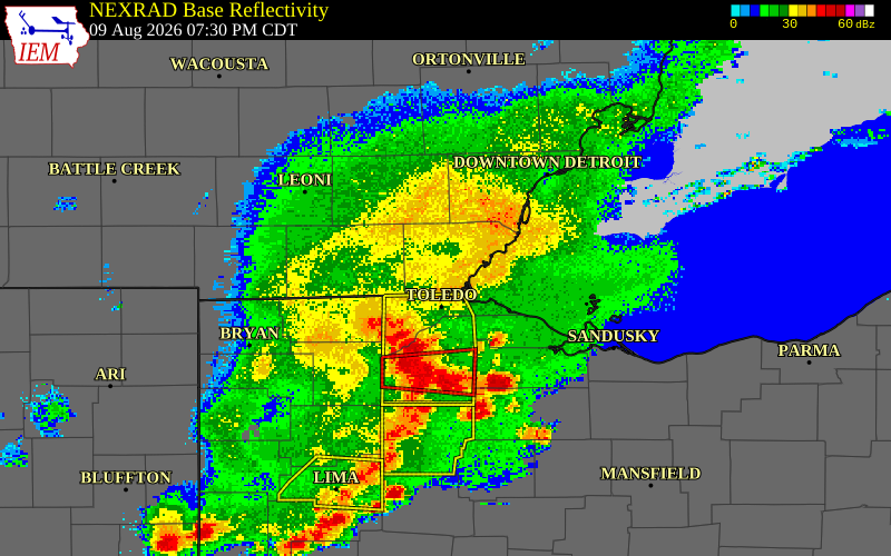 NEXRAD radar during the Sunday, August 9, 2026 storm activity in Lenawee County, Michigan
