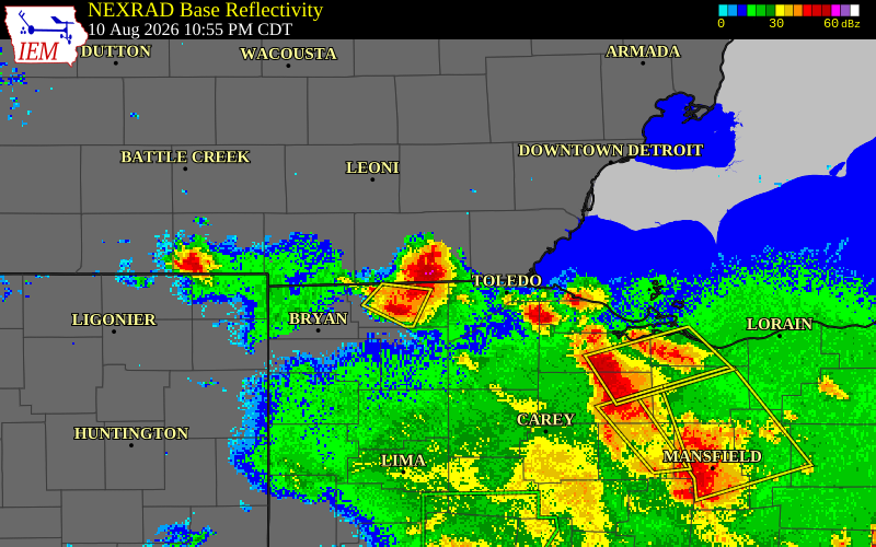 NEXRAD radar during the Monday, August 10, 2026 storm activity in Lenawee County, Michigan