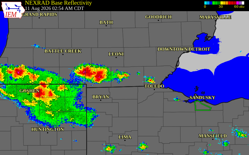 NEXRAD radar during the Tuesday, August 11, 2026 storm activity in Lenawee County, Michigan