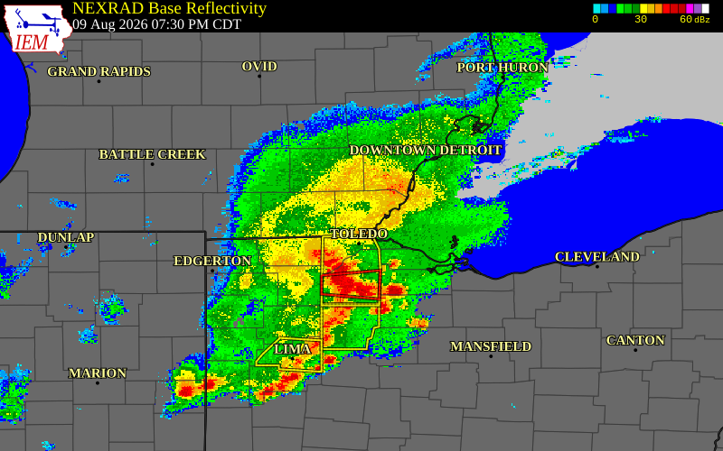 Radar snapshot during the Aug 9, 2026 wind event near Lenawee County, Lenawee County, Michigan, with NWS warning polygons