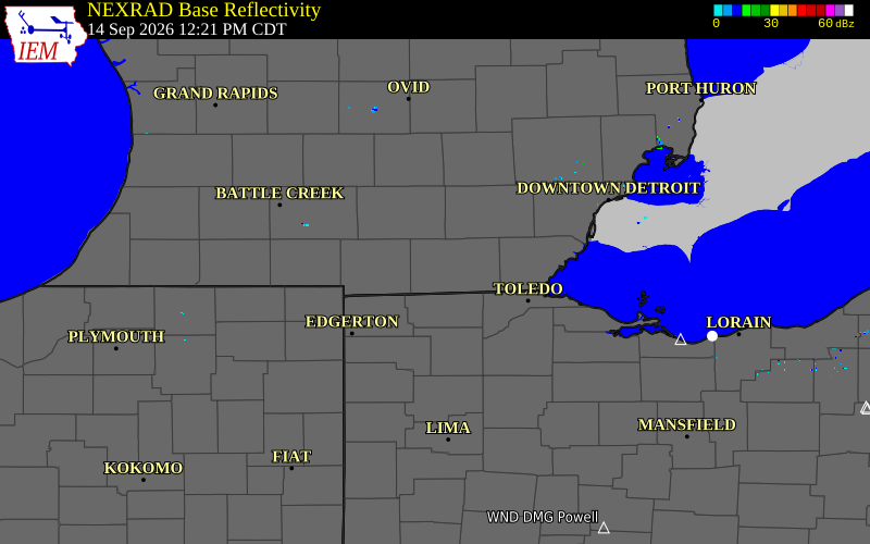 Current NEXRAD radar over Lenawee County, Michigan with recent storm report locations