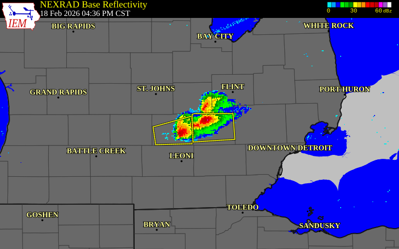 NEXRAD radar during the Wednesday, February 18, 2026 storm activity in Livingston County, Michigan