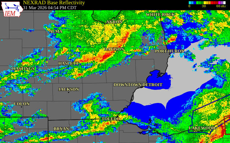 NEXRAD radar during the Tuesday, March 31, 2026 storm activity in Livingston County, Michigan