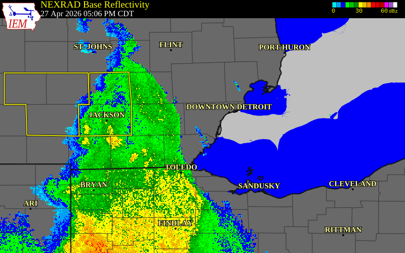 NEXRAD radar during the Monday, April 27, 2026 storm activity in Livingston County, Michigan
