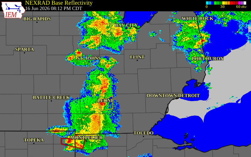 NEXRAD radar during the Tuesday, June 16, 2026 storm activity in Livingston County, Michigan