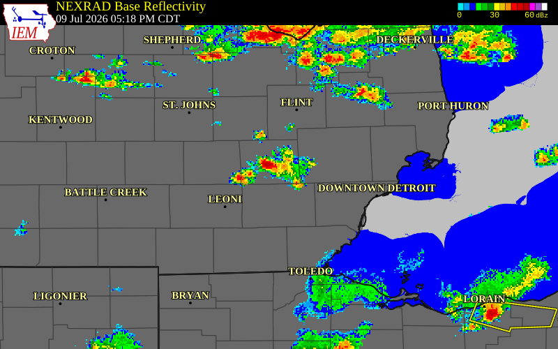 NEXRAD radar during the Thursday, July 9, 2026 storm activity in Livingston County, Michigan