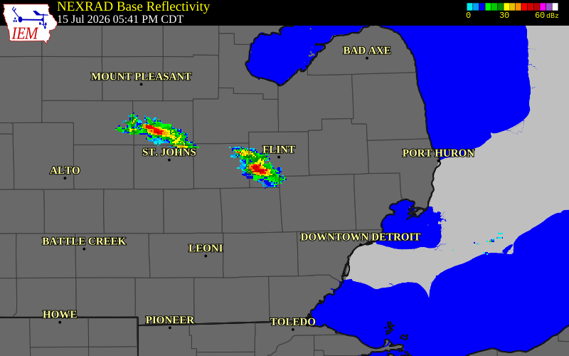 NEXRAD radar during the Wednesday, July 15, 2026 storm activity in Livingston County, Michigan