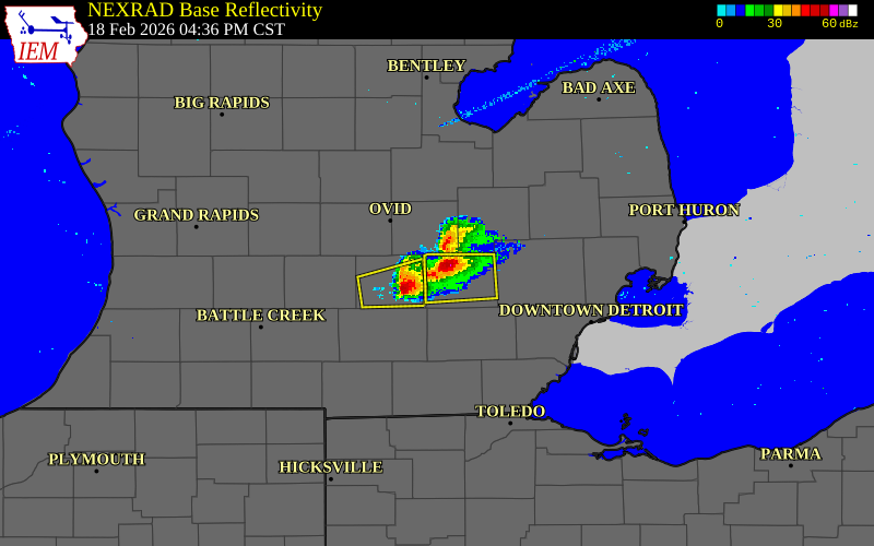 Radar snapshot during the Feb 18, 2026 hail event near Fowlerville, Livingston County, Michigan, with NWS warning polygons