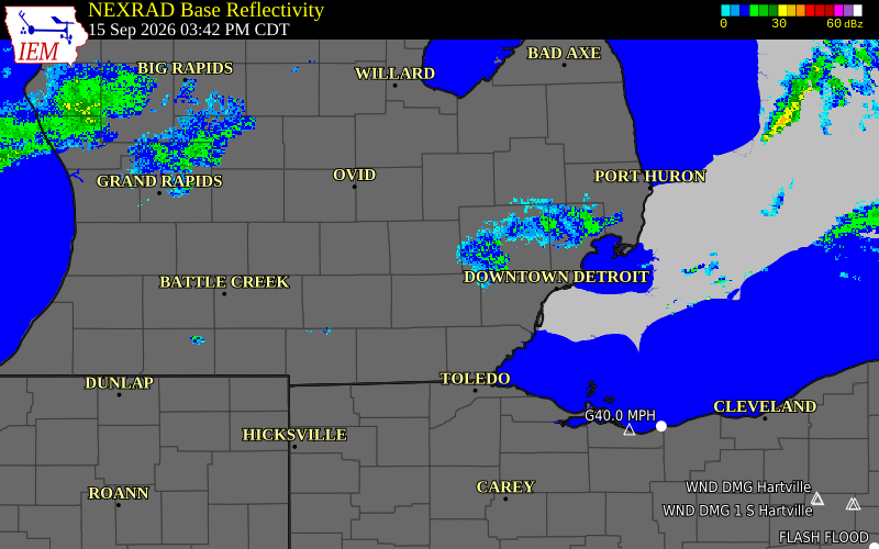 Current NEXRAD radar over Livingston County, Michigan with recent storm report locations