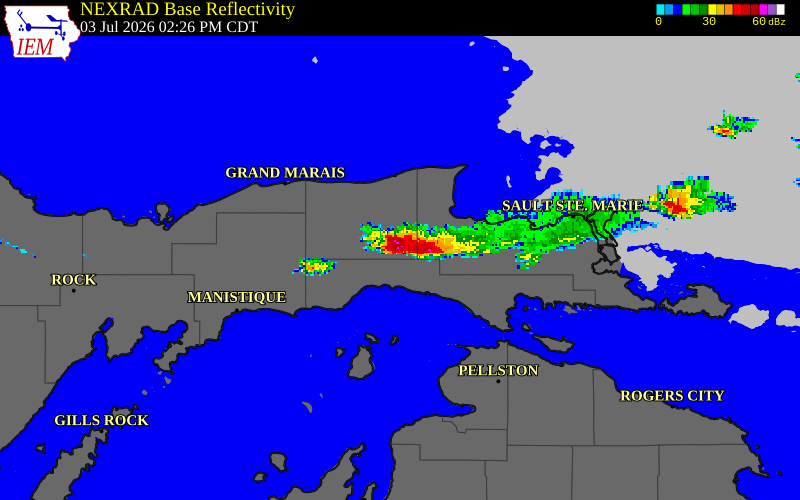 NEXRAD radar during the Friday, July 3, 2026 storm activity in Luce County, Michigan