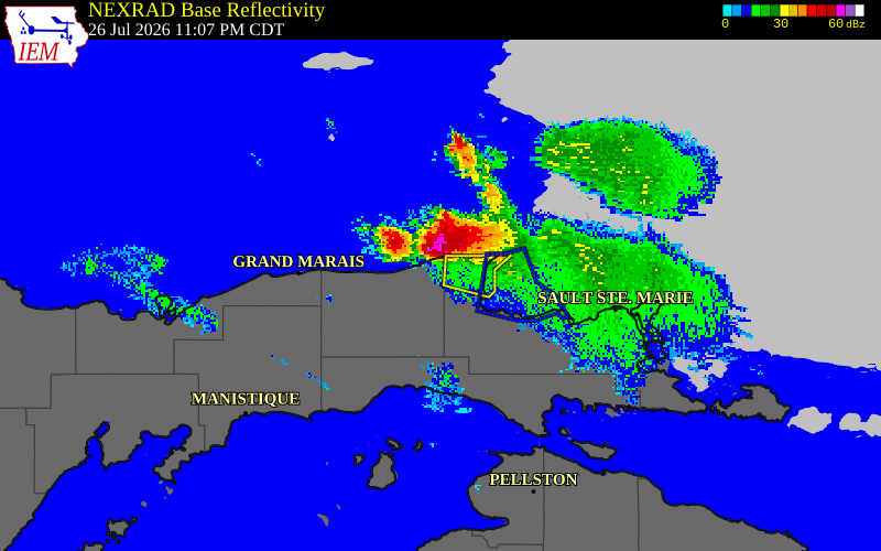 NEXRAD radar during the Monday, July 27, 2026 storm activity in Luce County, Michigan