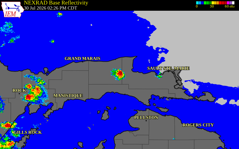 NEXRAD radar during the Thursday, July 30, 2026 storm activity in Luce County, Michigan