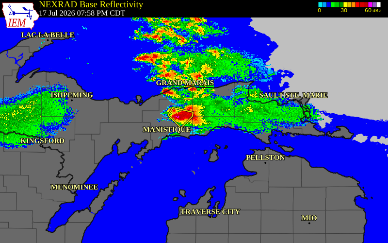 Radar snapshot during the Jul 17, 2026 hail event near Luce County, Luce County, Michigan, with NWS warning polygons