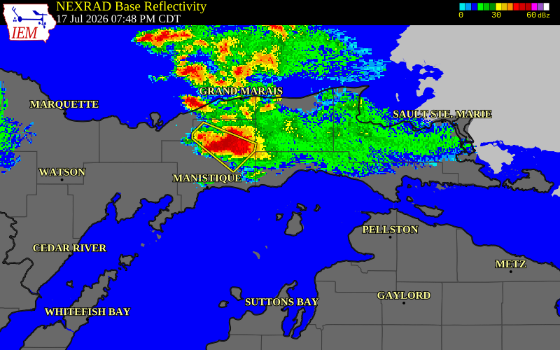 NEXRAD radar during the Friday, July 17, 2026 storm activity in Mackinac County, Michigan