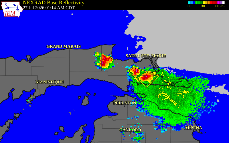 NEXRAD radar during the Monday, July 27, 2026 storm activity in Mackinac County, Michigan