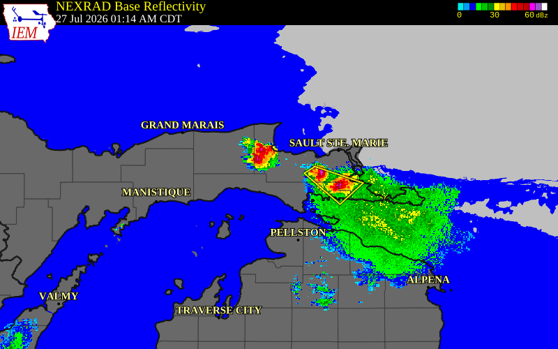 Radar snapshot during the Jul 27, 2026 hail event near Mackinac County, Mackinac County, Michigan, with NWS warning polygons