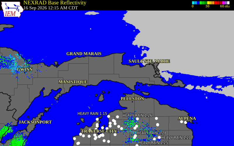 Current NEXRAD radar over Mackinac County, Michigan with recent storm report locations